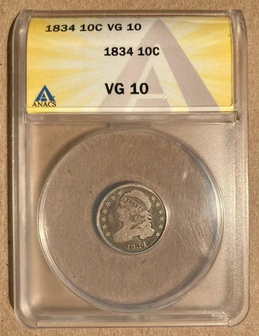 1834 ANACS VG10 Capped Bust Silver Dime 10c Cover