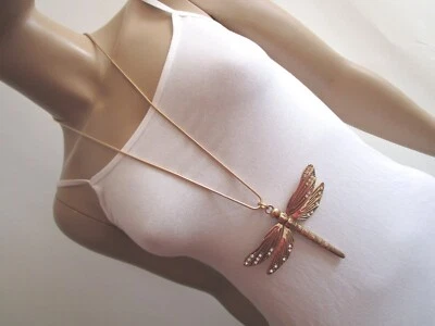 Damen Hals Kette lang Modekette Statement Gold Libelle Strass Lagenlook  Trend - Bild 1 von 4