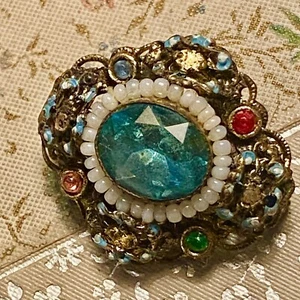 Antike Tschecho Brosche Czech Czechoslovakia Trachten Anstecknadel Aquamarin Mini Perle alt - Bild 1 von 12