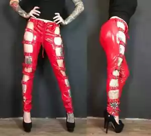 PVC Red Leather pants with Buckle Side Closure in Red Lace up Goth - Picture 1 of 7