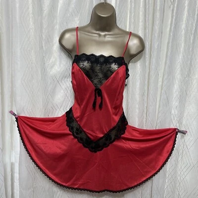 VTG L Red Nylon Babydoll TEDDY Silky  Black Lace SHINY Boudoir Sissy chemise   - Image 1 of 4