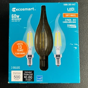 3pk Ecosmart 60W LED Light Bulb B11 Dimmable Chandelier Clear Glass Soft White - Picture 1 of 6