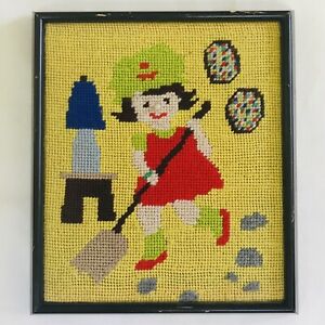 Vintage Framed Cross Stitch Happy Housewife Kitchen Art Yellow