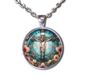 Faux Stained Glass Jesus on the Cross - Handmade ROUND Glass Pendant Necklace - Picture 1 of 10