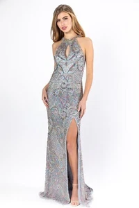Primavera Couture Sz 6 Halter Dress 3219 Platinum Multicolor Sequins/Beads Slit - Picture 1 of 19