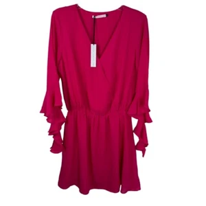 Three Eighty Two NEU Pink Leah High Low Sleeve Surplice Mini Rüschen Medium - Bild 1 von 10