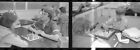 Negative photo strip school boys girls playing chess board game boy mouth taped 