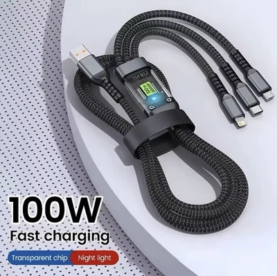 3-in-1 100W 5A Fast Charging USB To Type-C Micro Fast Charger Cable For iPhone* - Image 1 of 4
