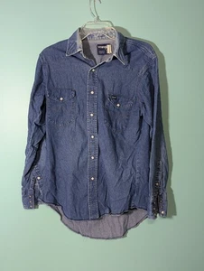 Vintage Wrangler Denim Pearl Snap Shirt Mens Size 15.5x33 Blue Cowboy Western - Picture 1 of 13