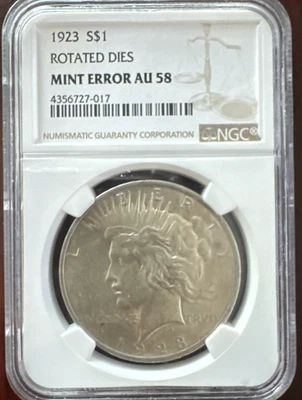 Rare Rotated Error 1923 Peace Dollar NGC AU58 with ~85 Degree Clockwise Rotation - Image 1 of 4