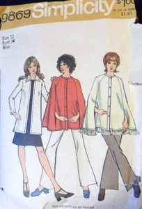 Vtg 1970s Simplicity 9869 Cape Cardigan Jacket SEWING PATTERN  12 34 Bust - Picture 1 of 5