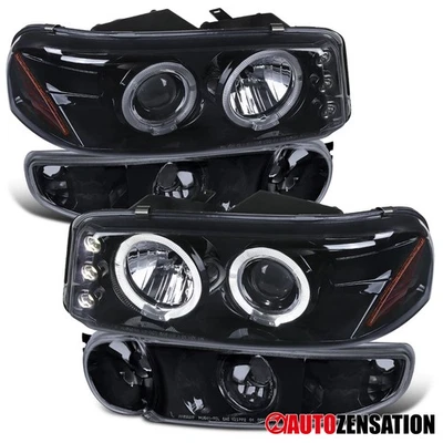 LED Halo Fit 2000-2006 GMC Sierra Yukon Smoke Projector Headlights+Bumper Signal Foto 1 de 4