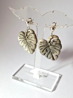 Damen Ohrringe aus Polymer Clay Blatt Grün/Beige/Grau NEU - Bild 1 von 3