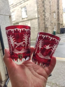 2 Vintage Bohemian Crystal WHISKEY GLASSES with Ruby Overlay - WITTIG Germany  - Picture 1 of 16