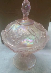 Fenton Pink Iridescent Lily of the Valley Footed Compote Candy Dish w/Lid - Picture 1 of 16