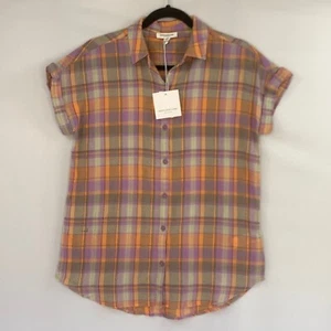Beach Lunch Lounge Top Women XS Multicolor Plaid Cotton Button Up Short Sleeve - Picture 1 of 7