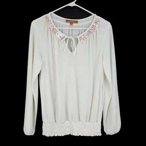 Ellen Tracy Sequin Tied Neckline Blouse Women's Size Small White Long Sleeve - Picture 1 of 6