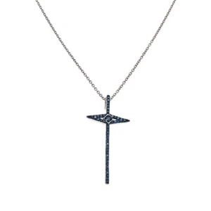 925 Sterling Silver 0.25ctw Blue Diamond Cross Charm Pendant Necklace New - Picture 1 of 5