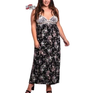 GANJI Damen Übergröße schwarz Blumenmuster Häkeltop sexy Sommer Maxikleid 3X - Bild 1 von 4