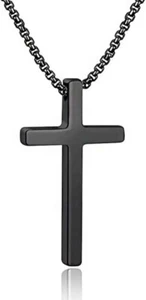 Collar Cruz para Hombre, Negro Acero Inoxidable Cruz Lisa 16 Pulgadas - Imagen 1 de 6