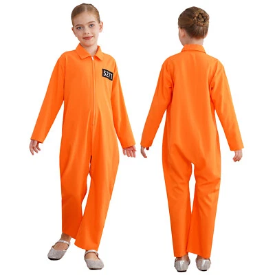 Girls Boys Prisoner Costume Full Body Jumpsuit Jailbird Inmate Prison Uniform - Image 1 of 3