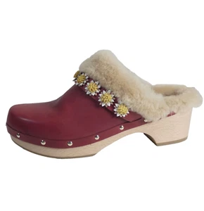 Fabrizio Viti Clogs Daisy Jean Slip On Mules Red Bordeaux Fur Lined UK 7.5 E41 - Picture 1 of 13