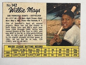 1962 Jello Baseball #142 Willie Mays Hand Cut