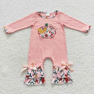 Newborn Fall Floral Pumpkin Pink Long Sleeve Romper Bodysuit Infant Clothes - Picture 1 of 30