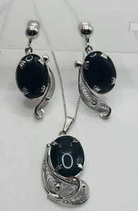 Vintage Sorrento Sterling 925 Filigree Pendant Necklace And Earrings Black Stone - Picture 1 of 9