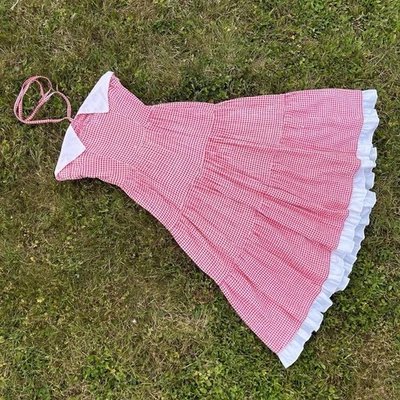 Maxi vestido halter de guinga rojo y blanco vintage de finales de 1960/principios de 1970 Foto 1 de 4