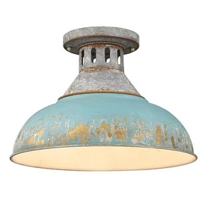 Vintage 1-Light Semi-Flush Mount in Aged Galvanized Steel with Shade in Antique - Picture 1 of 5