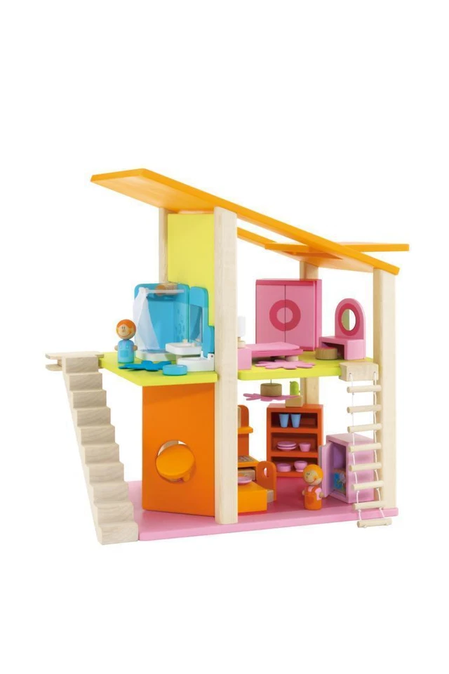 SEVI Design Villa Puppenhaus mit Möbel MIDI 2 Etagen bunt Holz NEU 26 Teile