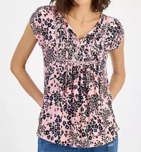 NWT Tommy Hilfiger M Pintucked Split-Neck Short Cap Sleeve Top Ladder Trim Macys - Picture 1 of 4