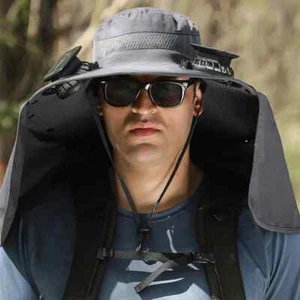 USB Rechargeable Solar Fan Hat with Neck Flap - Dual Cooling Outdoor Cap - Picture 1 of 7