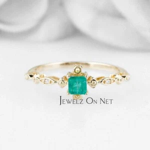 14k Square Emerald Diamond Art Deco Style Gold Ring-Yellow , White Gold - Picture 1 of 9