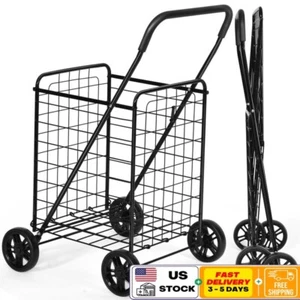 Folding Shopping Cart Utility Trolley Portable Grocery Rustproof W/ Large Wheels - Picture 1 of 9