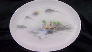 KUTANI CHINA HAND PAINTED MT FUJI VILLAGE LAKE SCENIC 15.75" OVAL PLATTER - Picture 1 of 6