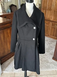 Guess Black Trench Coat Women's Lined Button Up HEAVY - WARM - Jacket - Size M - Picture 1 of 8