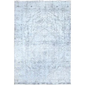6'x8'10" Blue Gray Shiny Wool Hand Knotted Vintage Zoroastrian Tebraz Rug R86937 - Picture 1 of 11