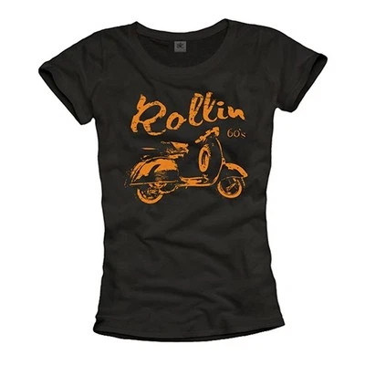 MAKAYA DAMEN T-SHIRT VINTAGE Scooter ROLLER (50/80) COOL SCHWARZ GESCHENK RETRO