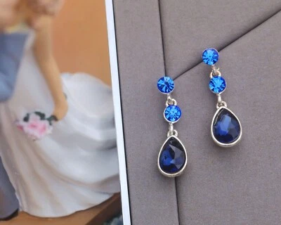 Clip Ohrringe Nicht Durchstochen Klemme Anhänger Silber Strass Tropfen Blau YW8 - Bild 1 von 4