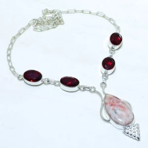 Red Sunstone, Garnet Gemstone Handmade Silver Jewelry Necklace 18" NRJR3741 - Bild 1 von 2