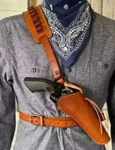 WESTERN LEATHER HOLSTER GUN BELT 44 / 45 BROWN HAND MADE COWBOY REVOLVER PISTOL - Picture 1 of 4