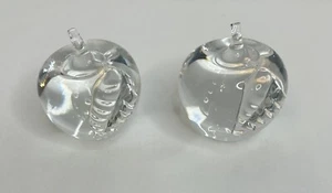 2 Art Glass Apple Paperweights Heavy Clear Teacher Decorative Glassware 2.75" - Picture 1 of 13