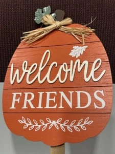 Welcome Friends Pumpkin Shaped Orange Yard Stake Wood 9-1/8x28L - Picture 1 of 5