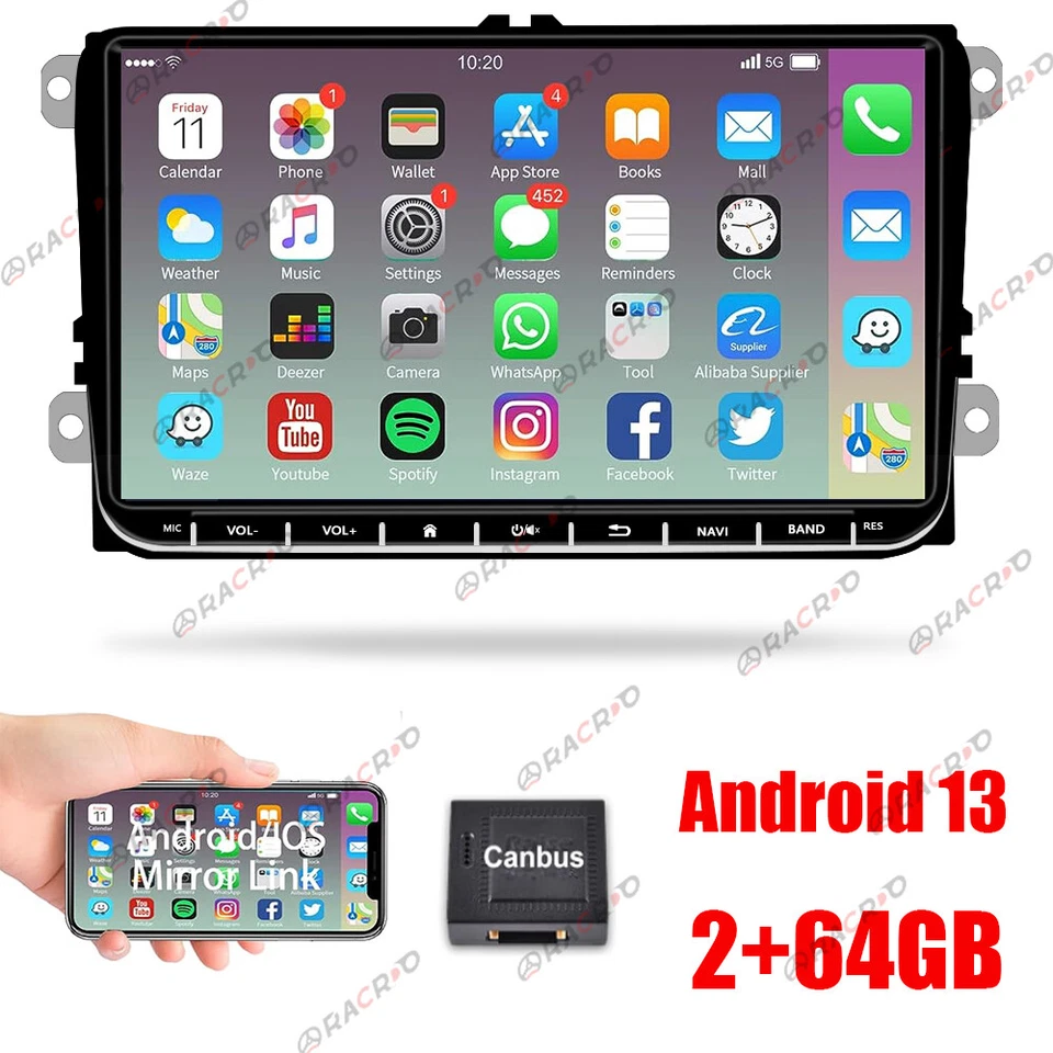 RACRDO 9" 2+64GB Autoradio Android 15 GPS BT für VW Golf 5 6 Touran Polo Passat Tiguan