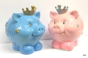 Sparschwein mit Krone Blau Rosa Spardose Geldgeschenke Baby Geburt Taufe - Bild 1 von 5