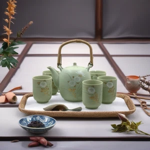 Vintage japanisches 6-teiliges Teeservice Teekanne und 5 Tassen Bambusgriff Japan handbemalt - Bild 1 von 19