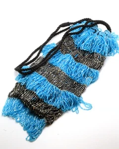 Antique Art Deco Black Blue Crystal Glass Bead Flapper Gatsby Drawstring Purse - Picture 1 of 11