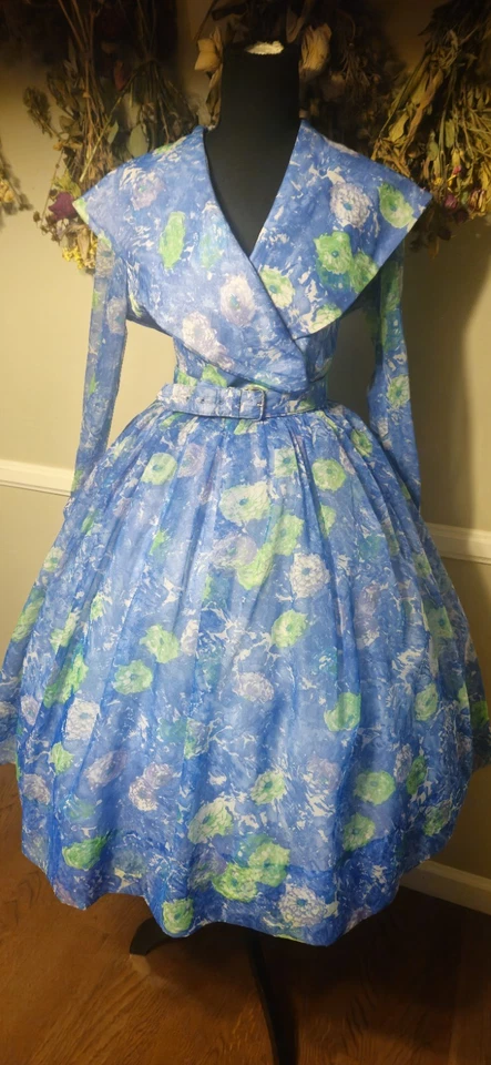 Винтажный 1960-х цветочный шифоновое платье с оригинальным ремнем Mkd Sz 15 - Изображение 1 из 4